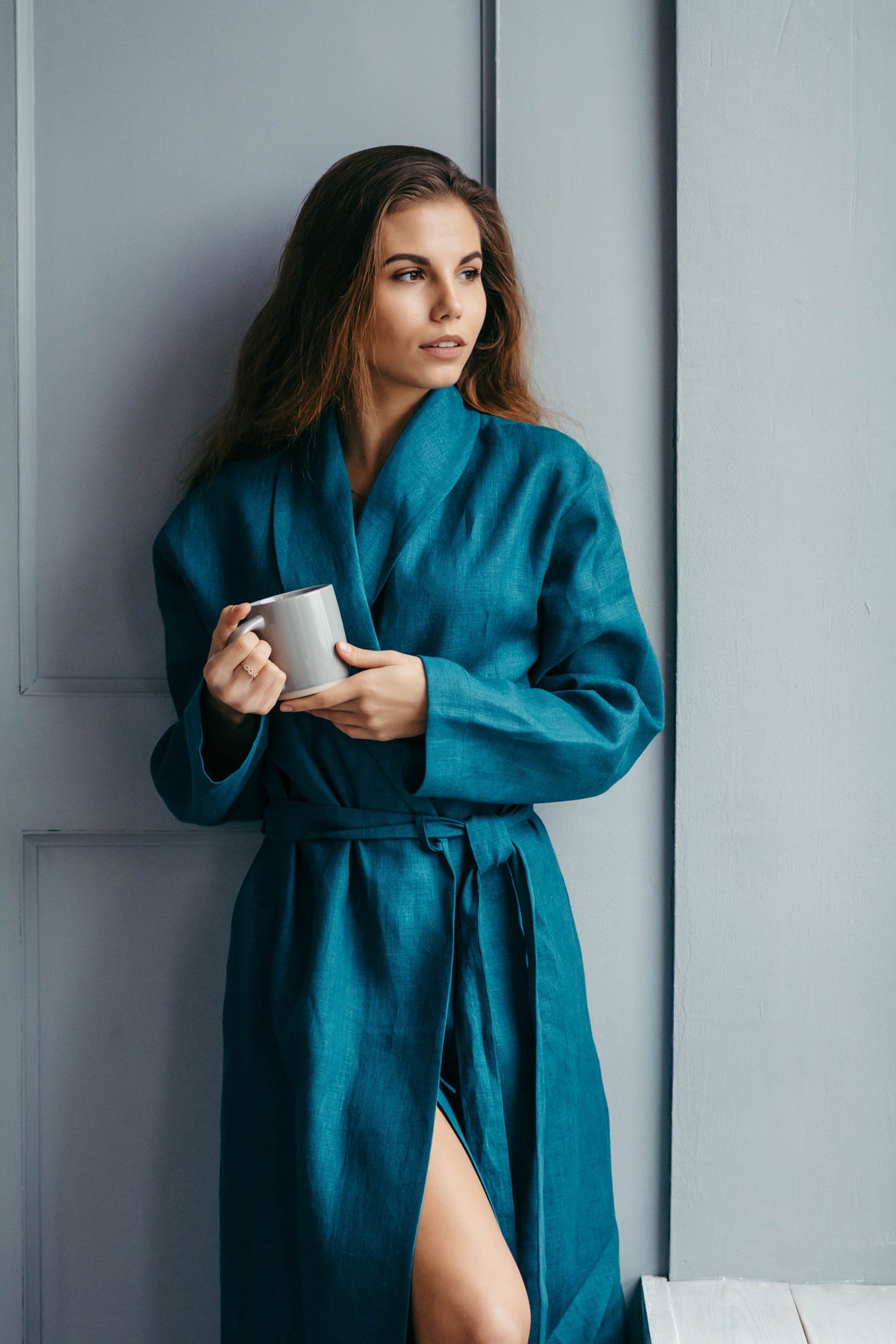 Linen robe for women, front view
